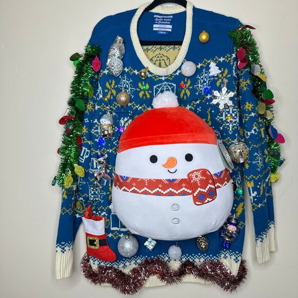 Ugly Christmas Sweater Snowman Squishmallow LIGHTS UP Tinsel Party Winner Sz 2XL - Picture 1 of 5
